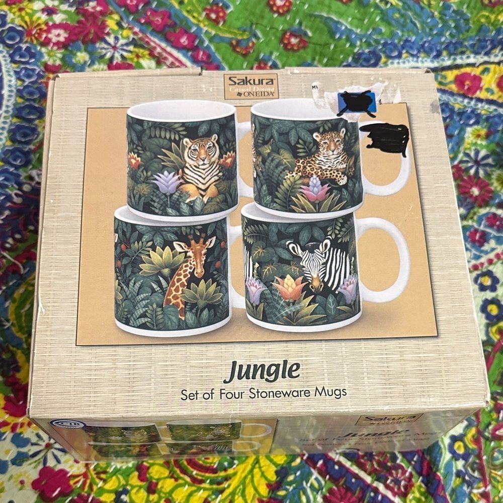 NIB Sakura by Oneida Jungle Animals Stoneware Coffee Mugs - Set of 4